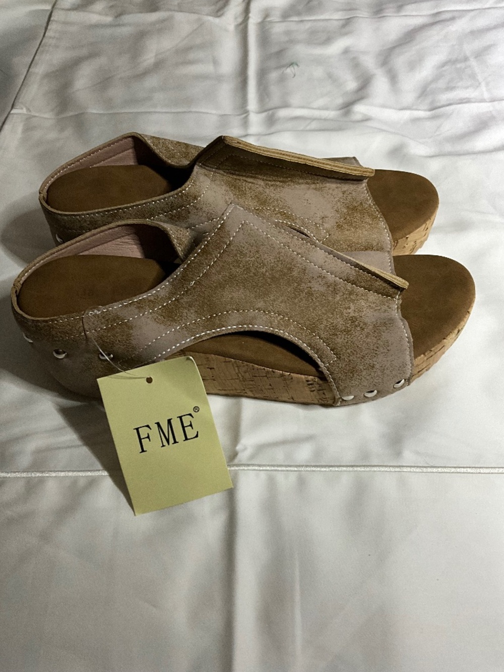 FME Boho Studded Cork Wedge Sandals - Taupe - NWT Size 38 (US 7.5 / 8)